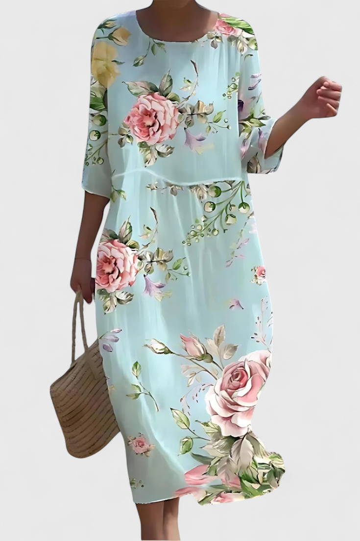 Momount Women’s Floral Midi Dress – 3/4 Sleeve Loose Fit Casual Summer Beach Dress