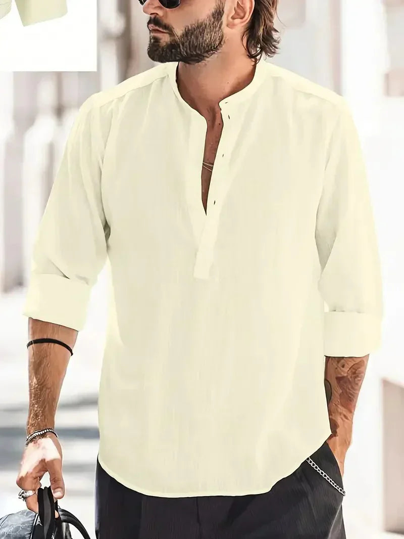 Momount Men Linen Henley Shirt – Long Sleeve Stand Collar Summer