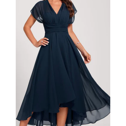 Thessalonia | Elegant Chiffon V Neck High Low Midi Dress