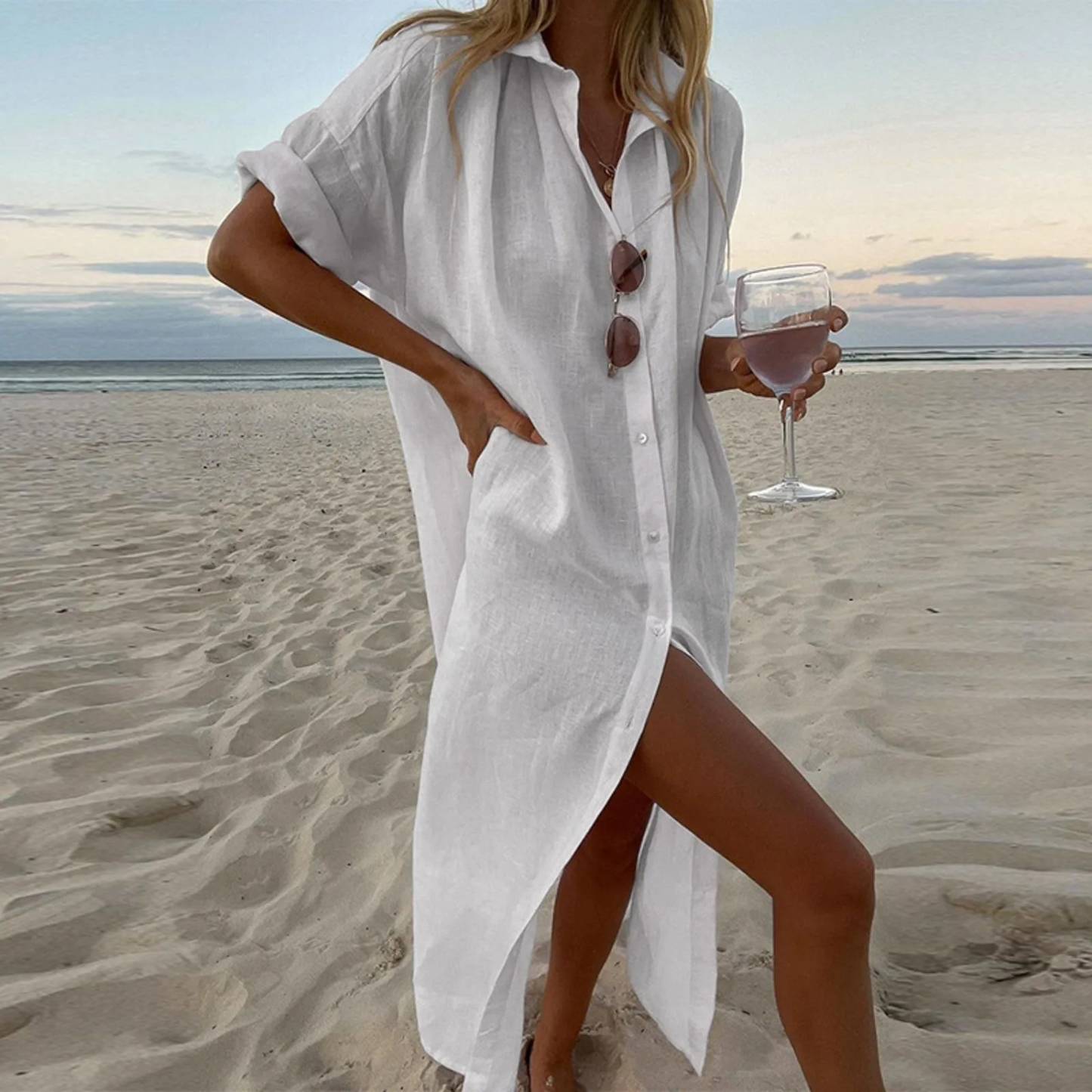 Esmeralda | Lanena poletna maxi obleka na gumbe za plažo | Momount