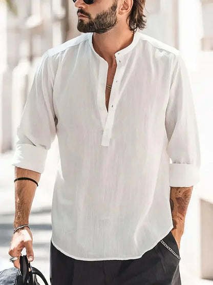 Momount Men Linen Henley Shirt – Long Sleeve Stand Collar Summer