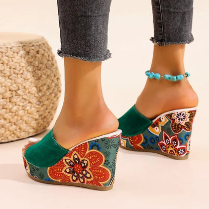 Momount Women Wedge Sandals – Suede Floral Print Platform Slide Boho