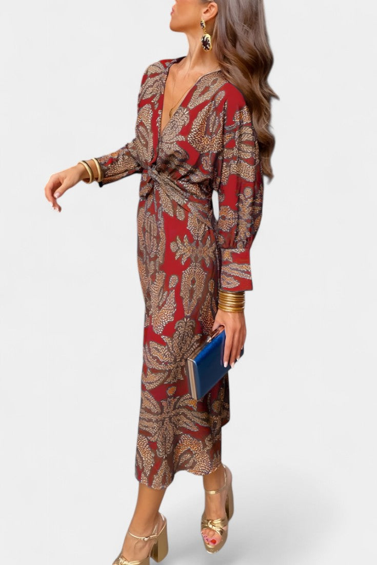Momount Women’s Bodycon Midi Dress – Long Sleeve Twist Elegant