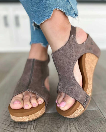Momount Women Wedge Sandals – Distressed Leather Cork Platform Slingback