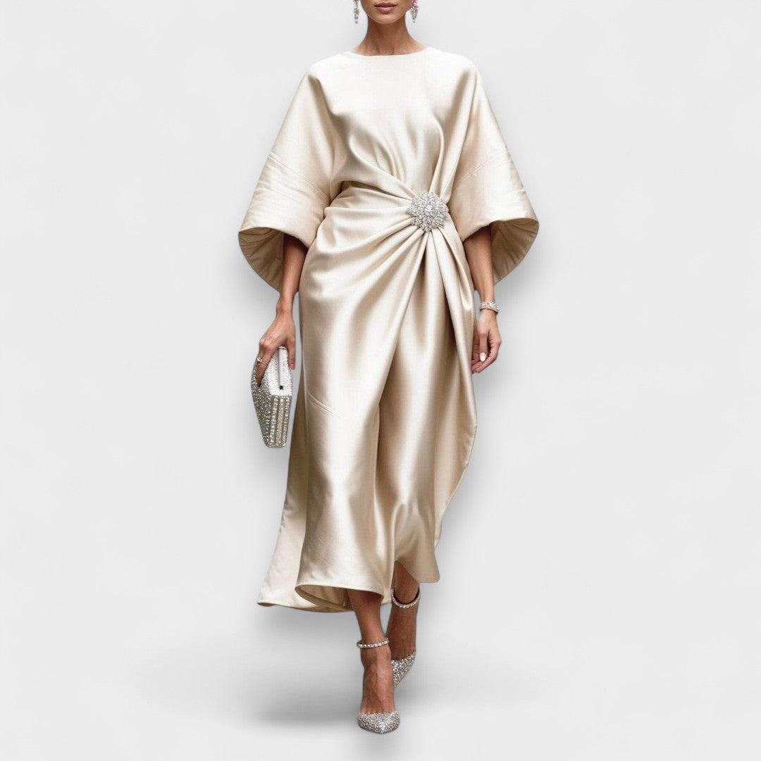 Momount Women’s Satin Midi Dress – Draped Batwing Elegant