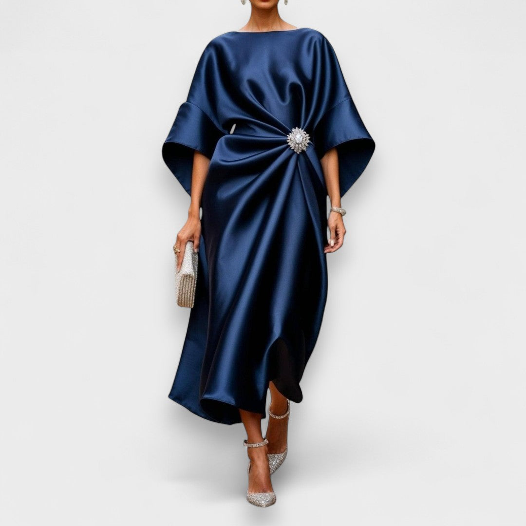 Momount Women’s Satin Midi Dress – Draped Batwing Elegant