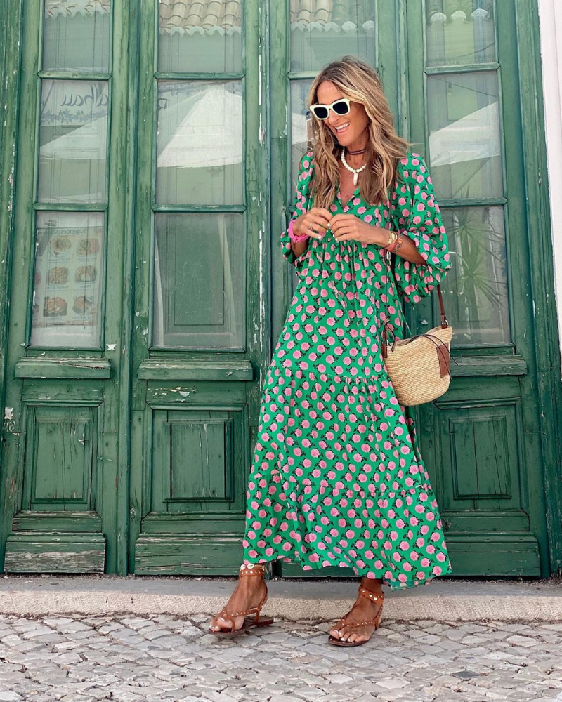 Bellanova | Boho Printed V Neck Tiered Summer Maxi Dress