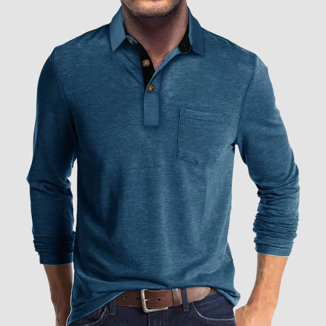 Momount Men Long Sleeve Polo Shirt – Contrast Collar Pocket Classic Fit