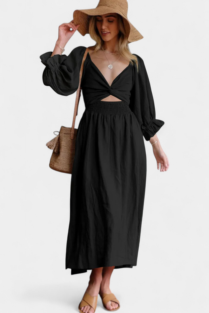 Momount Women’s Summer Midi Dress – Cut Out Puff Sleeve A-line Flowy Beach Dress