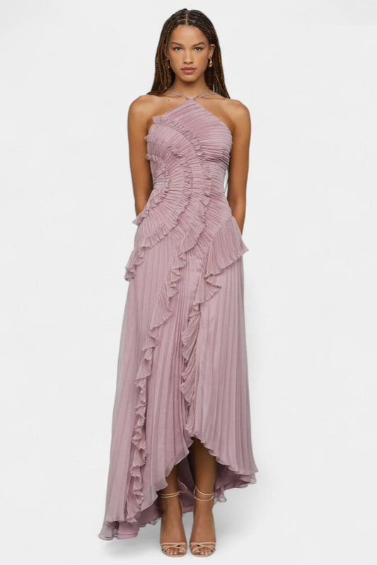 High-Low Pleated Halter Maxi Dress with Cascading Ruffles | Wedding Guest & Summer Party