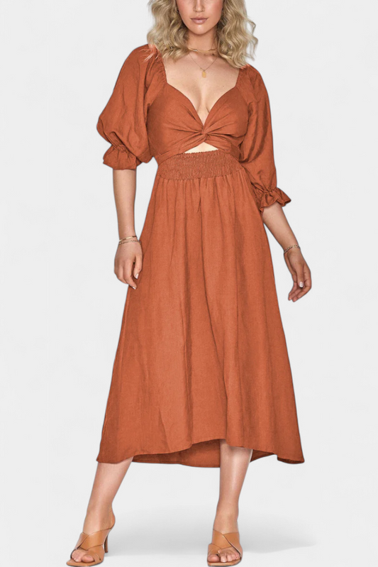 Momount Women’s Summer Midi Dress – Cut Out Puff Sleeve A-line Flowy Beach Dress