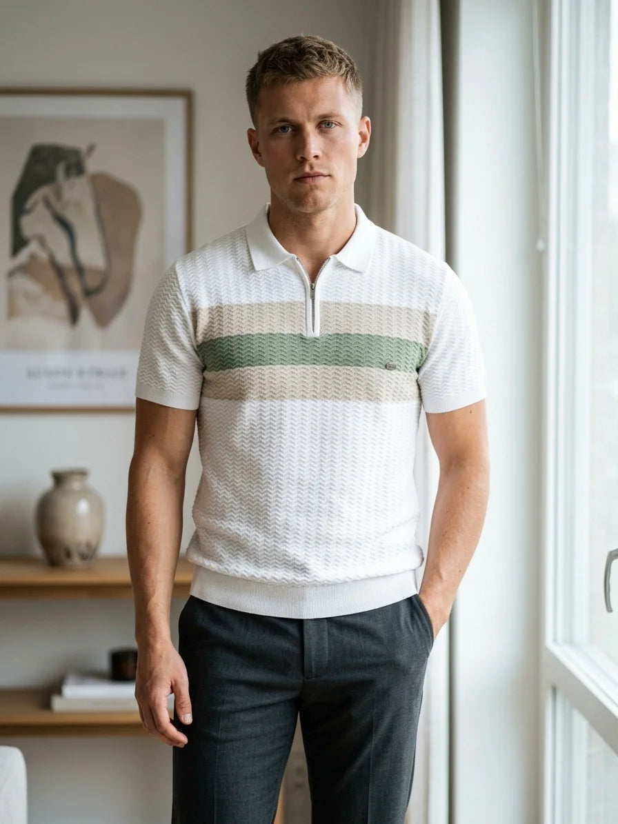 Momount Men Half Zip Polo Shirt – Knit Contrast Stripe Short Sleeve - White - lifestyle_indoor