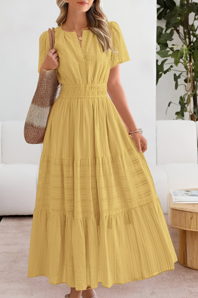 Evangelia | Boho Smocked V Neck Tiered Summer Midi Dress