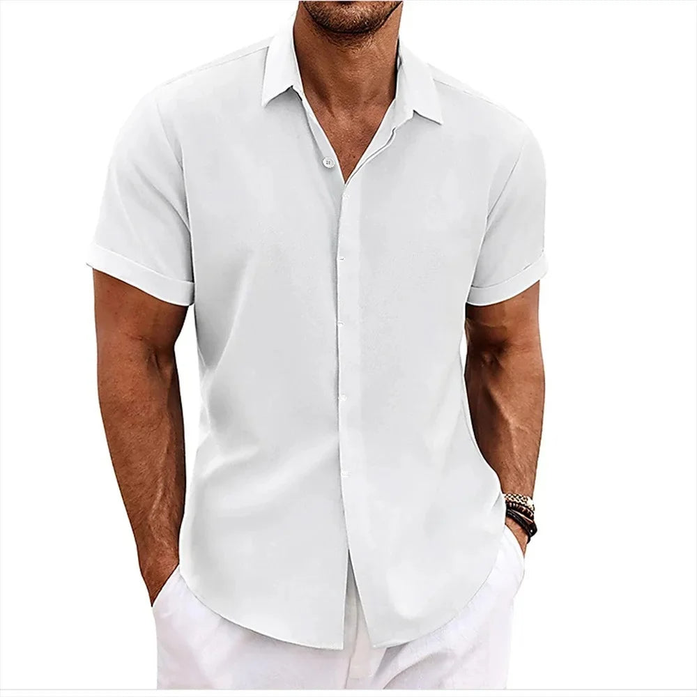 Momount Men Cotton Linen Shirt – Short Sleeve Button Up Casual