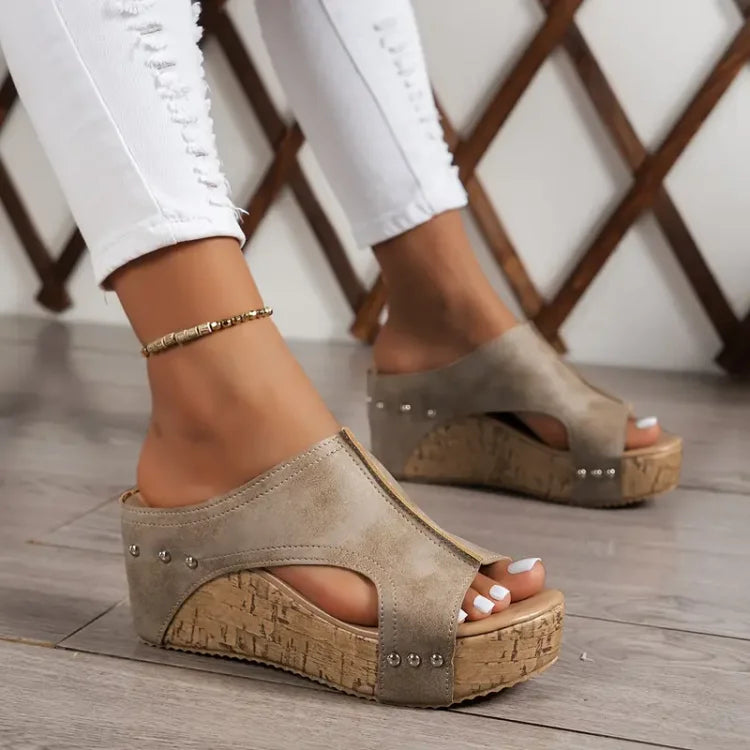 Momount Women Platform Wedge Sandals – Black Cork Peep-Toe Mule Studded