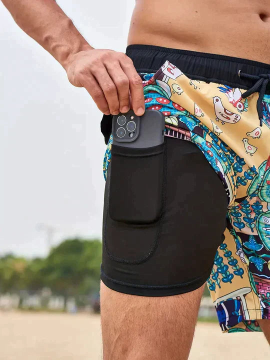 Momount Men Swim Shorts – Palm Print Compression Liner Quick Dry Mid