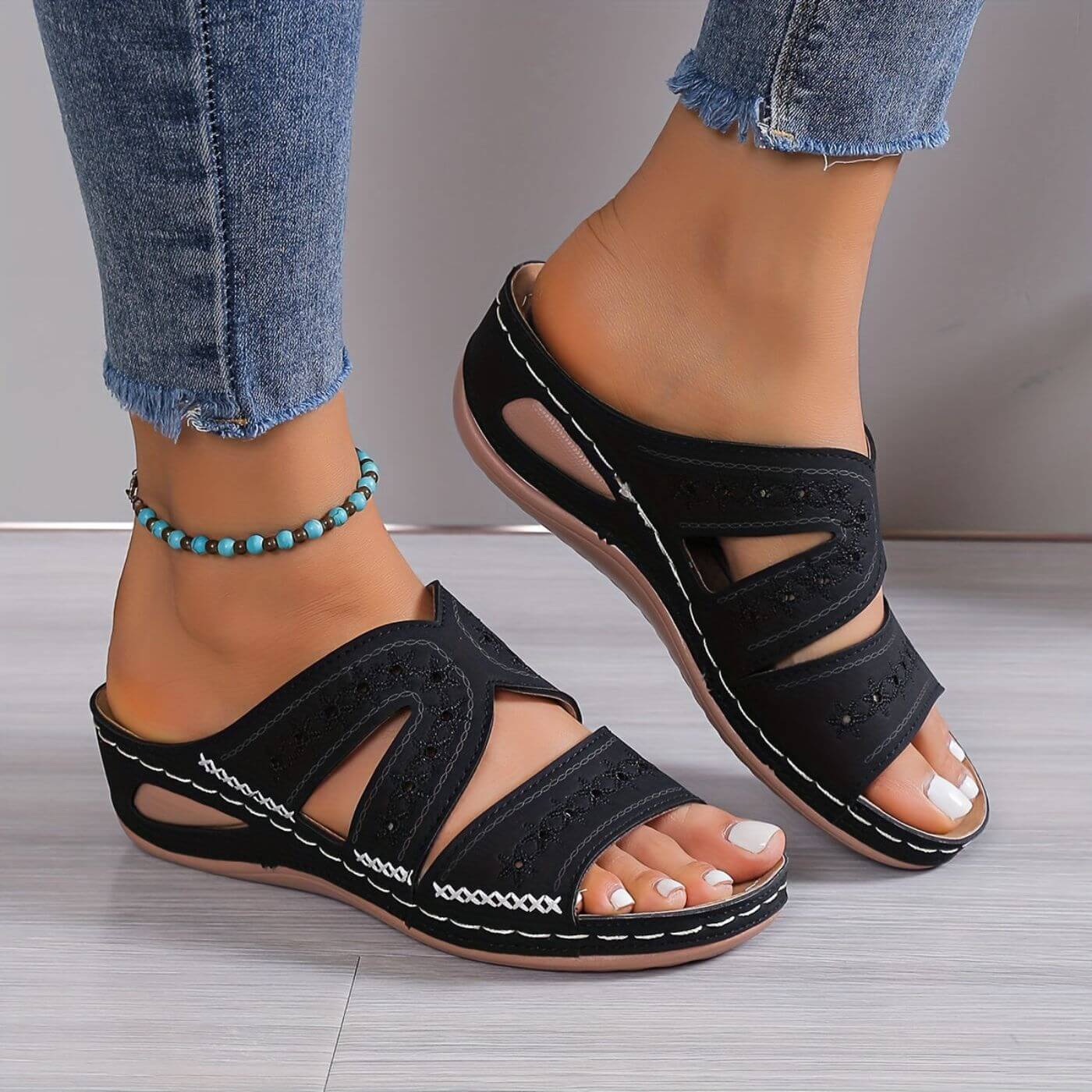 Momount | Seraphina Women's Leather Sandals | Perforated Wedge Platform | Comfortable Open Toe Summer Casual Slides