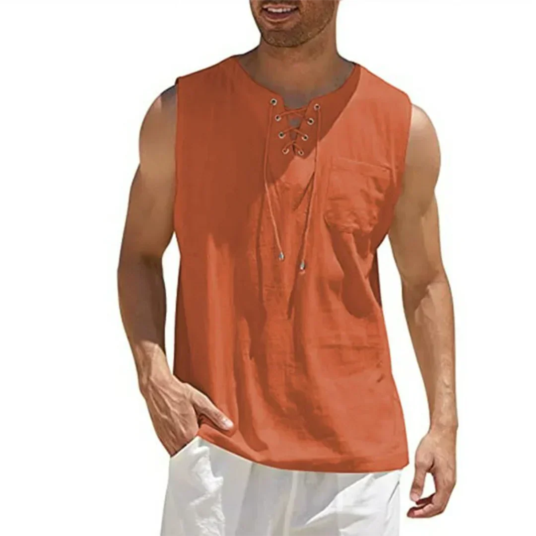 Momount Men Linen Tank Top – Lace Up V Neck Sleeveless Beach Casual