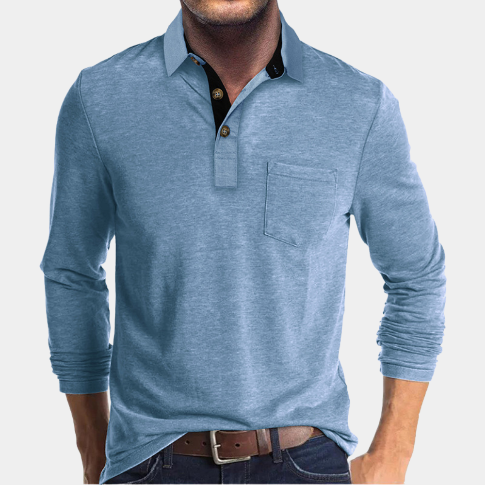 Momount Men Long Sleeve Polo Shirt – Contrast Collar Pocket Classic Fit