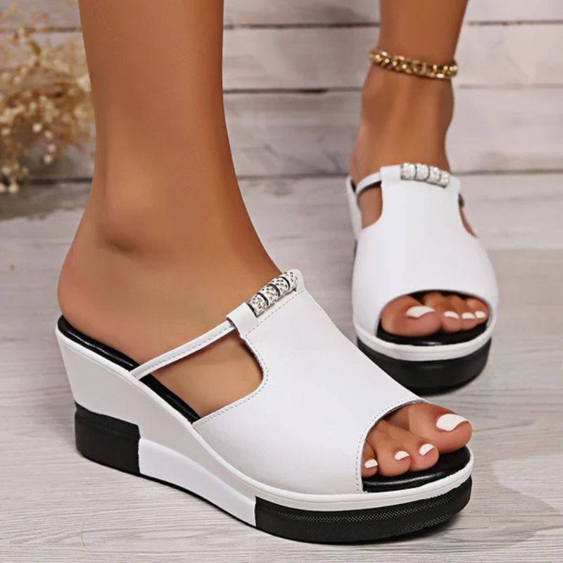Momount Women Wedge Sandals – Leather T-Bar Cutout Peep-Toe Platform Slide