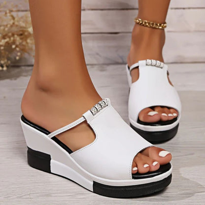 Momount Women Wedge Sandals – Leather T-Bar Cutout Peep-Toe Platform Slide