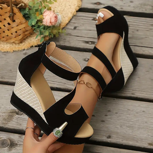 Momount Women Espadrille Wedge Sandals – Suede Jute Platform Ankle Strap Peep-Toe