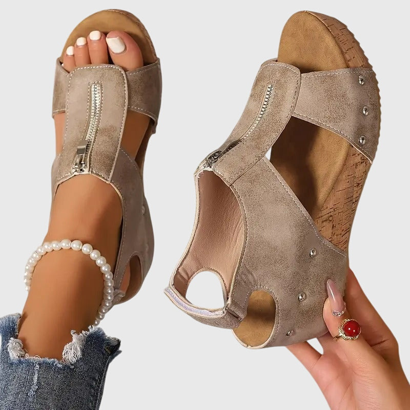 Momount Women Cork Wedge Sandals – Leather Front Zipper Studded Peep-Toe