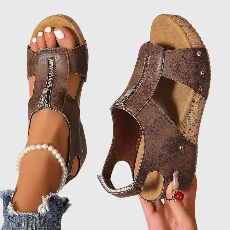 Momount Women Cork Wedge Sandals – Leather Front Zipper Studded Peep-Toe