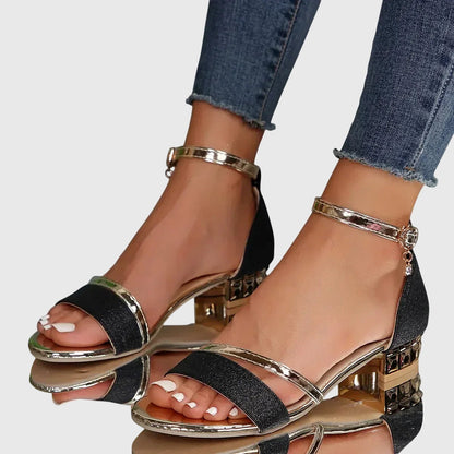 Momount Women Ankle Strap Sandals – Glitter Rhinestone Block Heel Open Toe