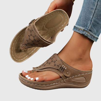 Momount Women Thong Wedge Sandals – Leather Laser-Cut Slide Toe-Post Low Heel