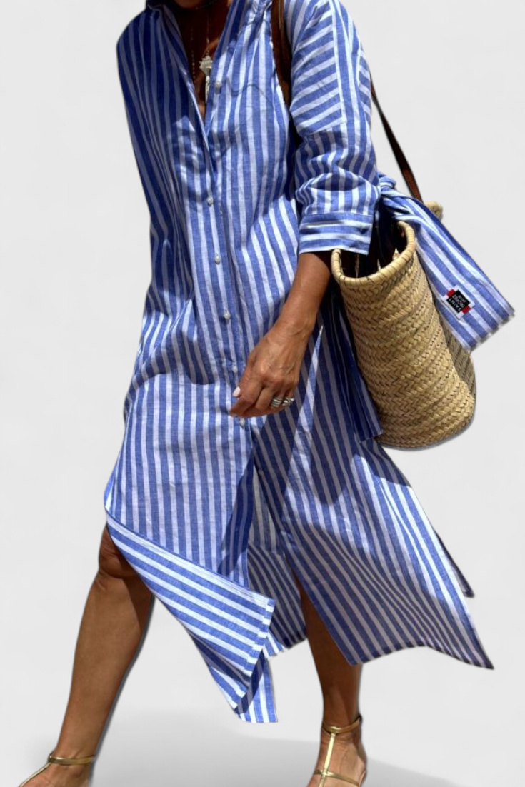 Momount Women’s Shirt Midi Dress – Striped Long Sleeve Casual Summer Beach Dress