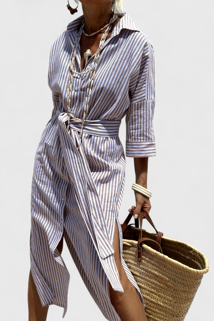 Momount Women’s Shirt Midi Dress – Striped Long Sleeve Casual Summer Beach Dress