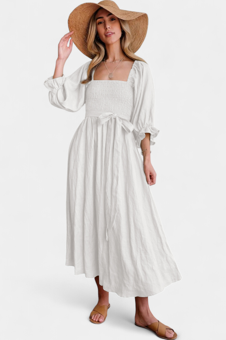 Momount Women’s Summer Midi Dress – Cut Out Puff Sleeve A-line Flowy Beach Dress