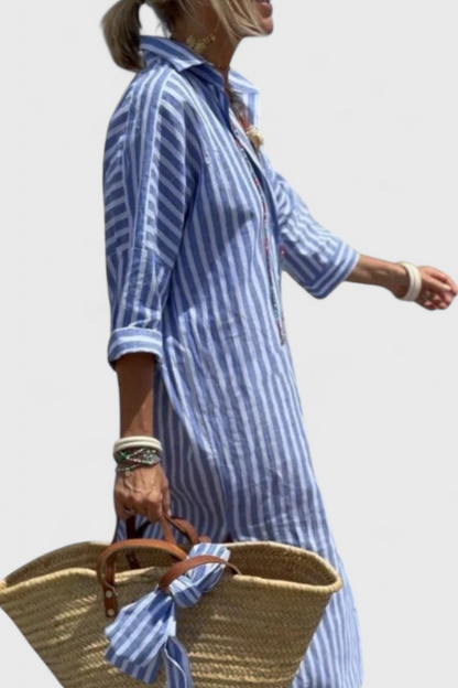 Momount Women’s Shirt Midi Dress – Striped Long Sleeve Casual Summer Beach Dress