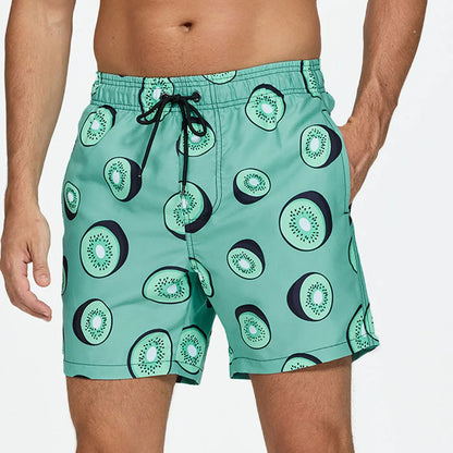 Momount Men Swim Shorts – Kiwi Print Drawstring Quick Dry Mid Length