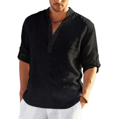 Momount Men Linen Henley Shirt – Long Sleeve Band Collar Casual