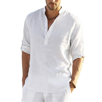 Momount Men Linen Henley Shirt – Long Sleeve Band Collar Casual