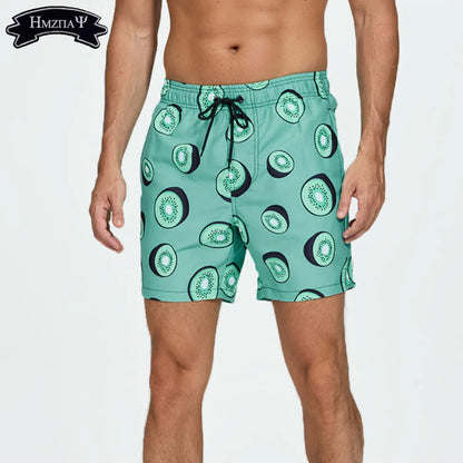 Momount Men Swim Shorts – Kiwi Print Drawstring Quick Dry Mid Length