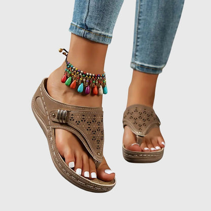 Momount Women Thong Wedge Slides – Leather Laser-Cut Toe-Post Quilted Footbed