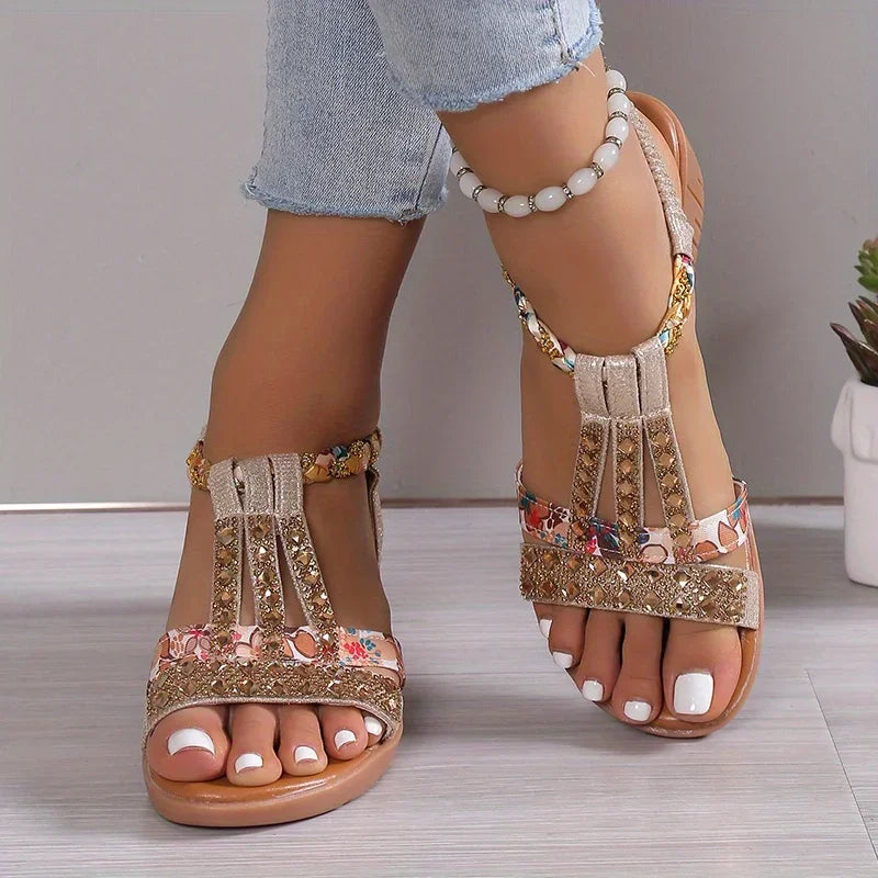 Momount Women Wedge Sandals – Fuchsia Floral Rhinestone Braided Boho