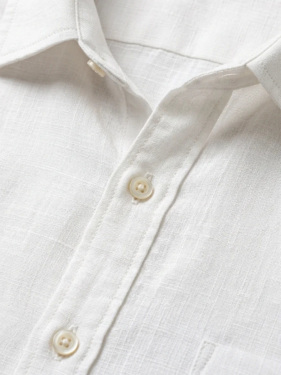 Momount Men Linen Shirt – Long Sleeve Button Up Relaxed Fit Beach - White - detail