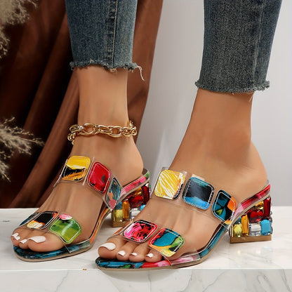 Thessaly | Clear Square Gem Block Heel Sandals