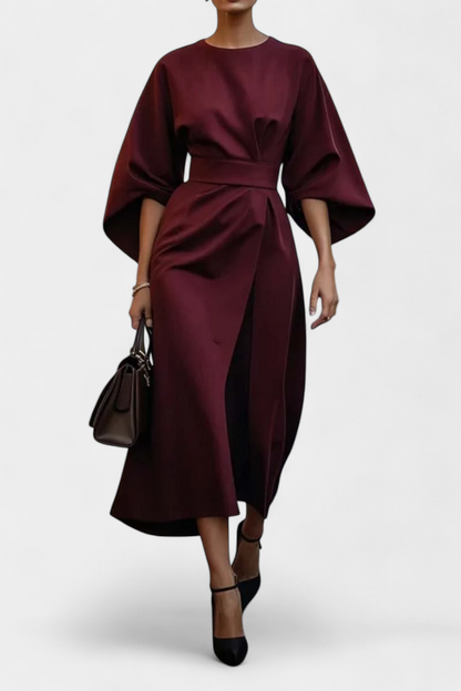 Momount Women’s Work Midi Dress – Belted Loose Fit Wide Sleeve Elegant Office Dress