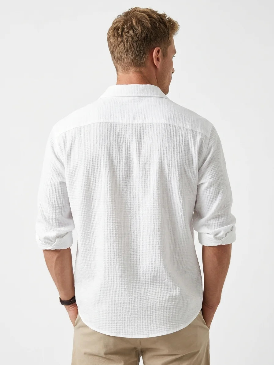 Momount Men Waffle Linen Shirt – Long Sleeve Button Up Textured Casual - White - back