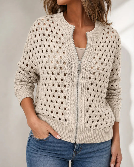 Desiree openwork zip cardigan for women, beige hero view