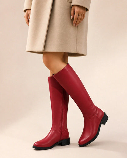 Minda women's knee-high motorcycle boots – 10 red webp