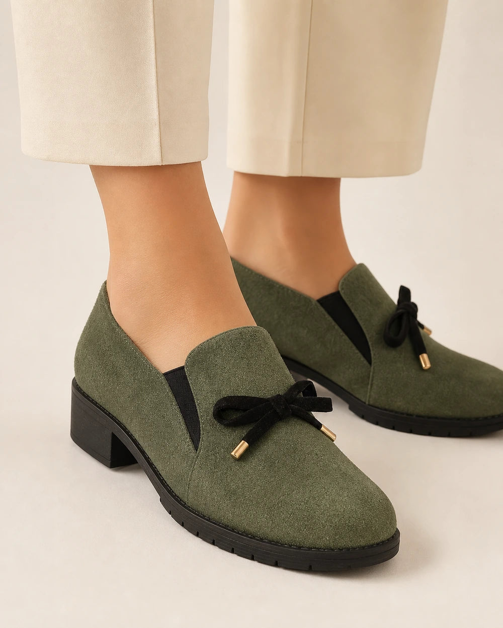 Ženski črni mokasini s sijočo kapico in pentljo — fotografija izdelka 11