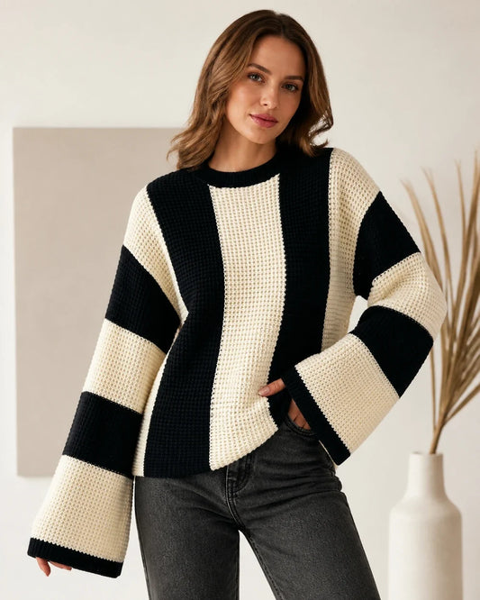 Women's beige black-and-cream color-block sweater, product-first front view