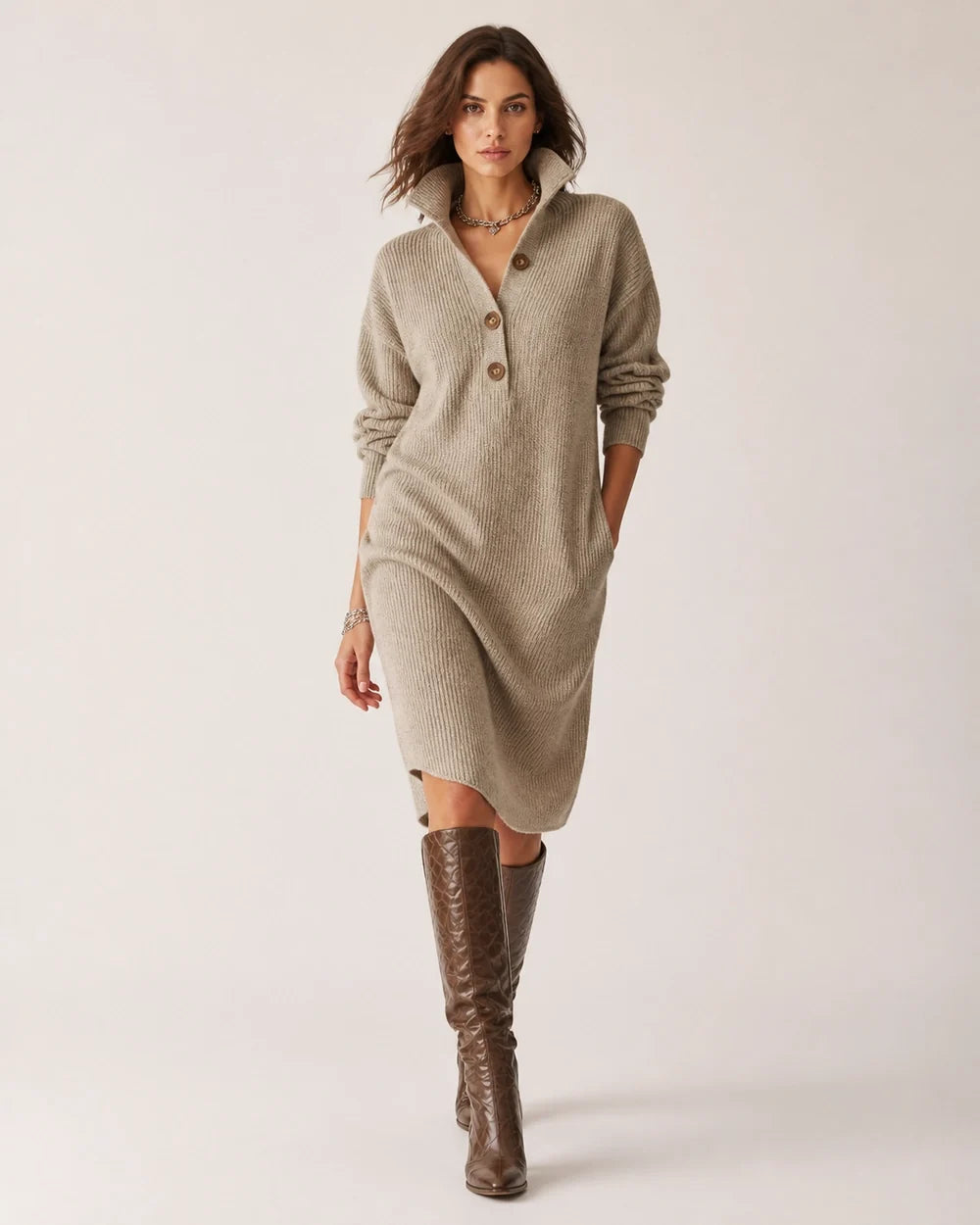Khaki collared three-button knit dress worn front three-quarter