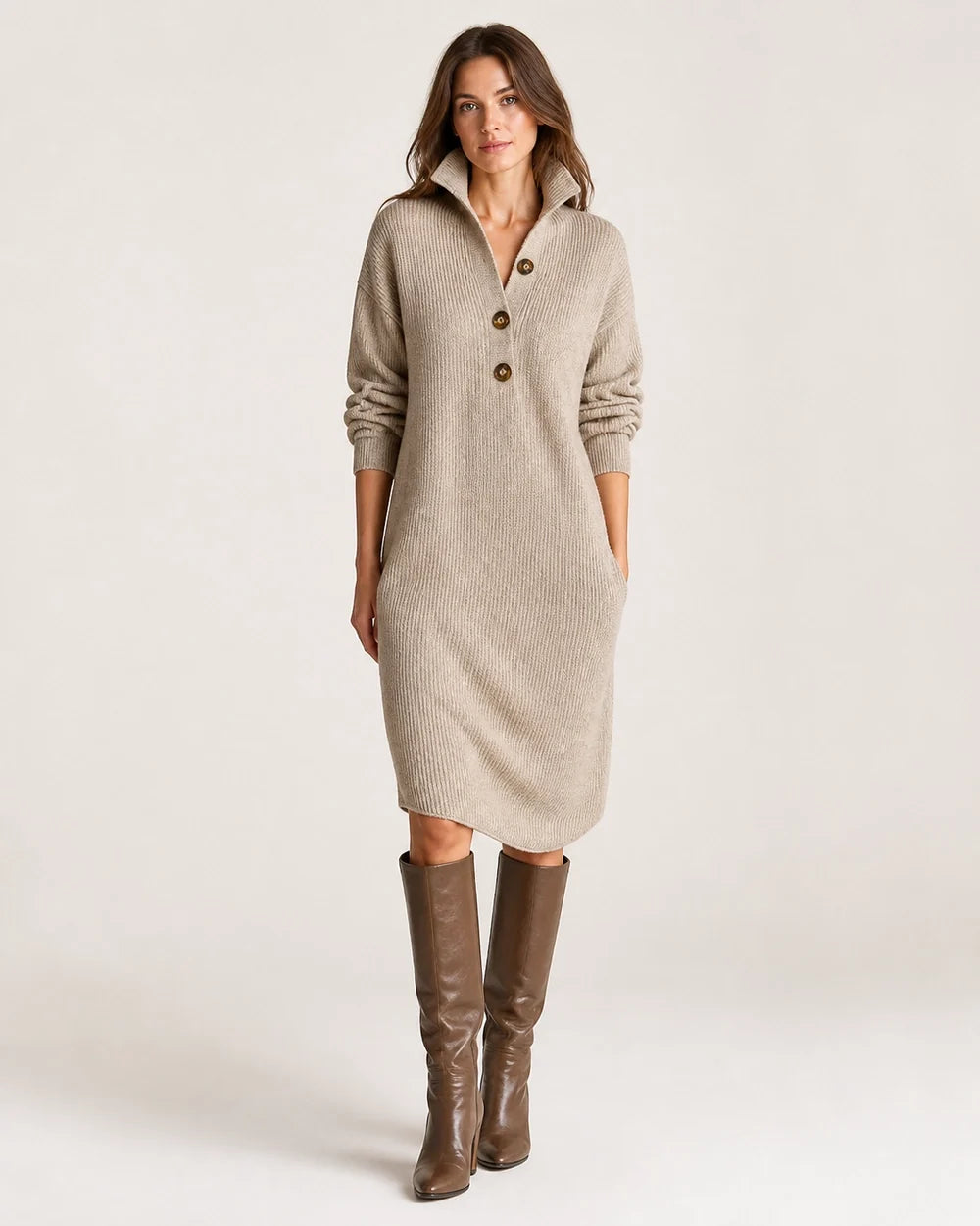 Khaki collared three-button knit dress front silhouette